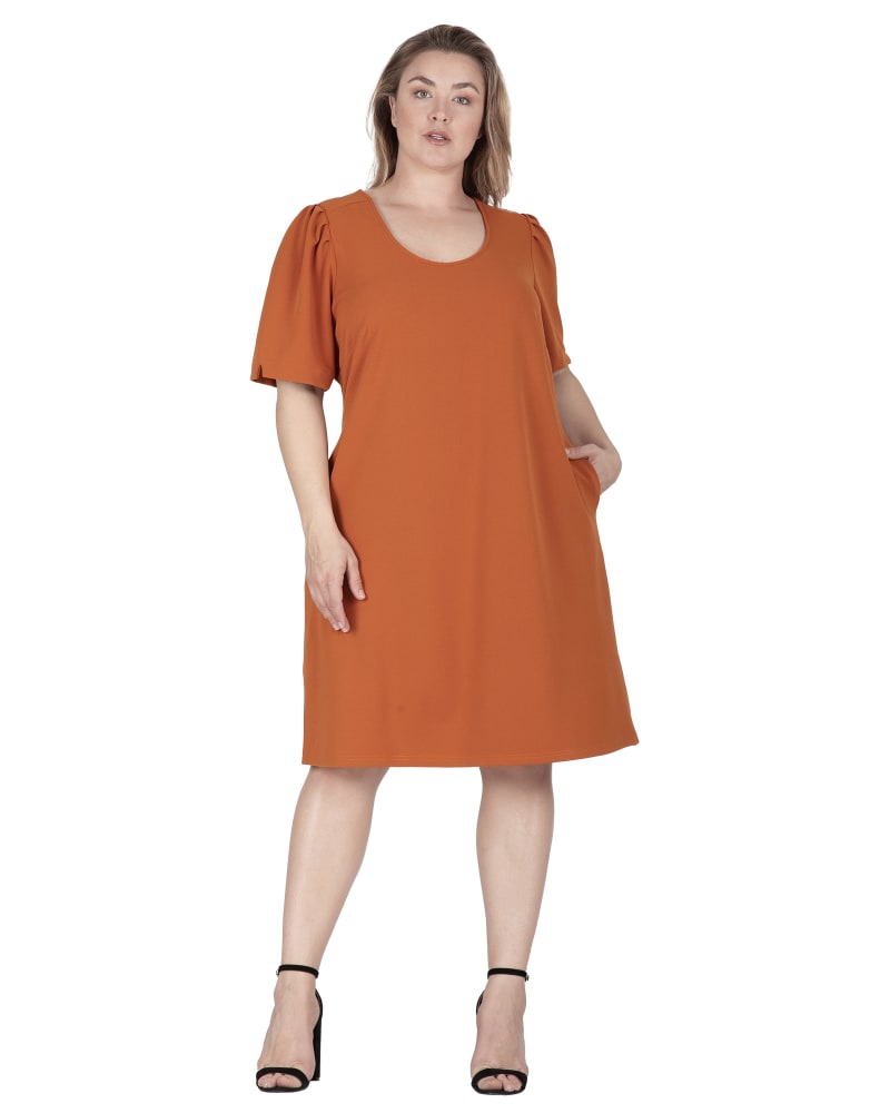 Front of a model wearing a size 1X Zoe Puffed Sleeve Midi Dress in Timber by Standards & Practices. | dia_product_style_image_id:276151